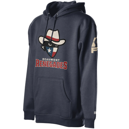 Beaumont Renegades Hoodie - Navy Bandit face with white cowboy hat with red band. Dark face with white eyes. Bandana of Texas flag, white star on blue field on left, white and red band on right. Beaumont on white below small above Renegades large in red with white outline. Royal Retros.
