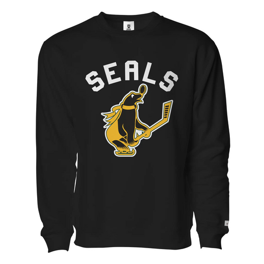 San Francisco Seals Hockey Crewneck Sweatshirt. Black. SEALS in white arched. Cartoon seal in black and gold wearing a gold scarf, facing right, holding a hockey stick. Royal Retros