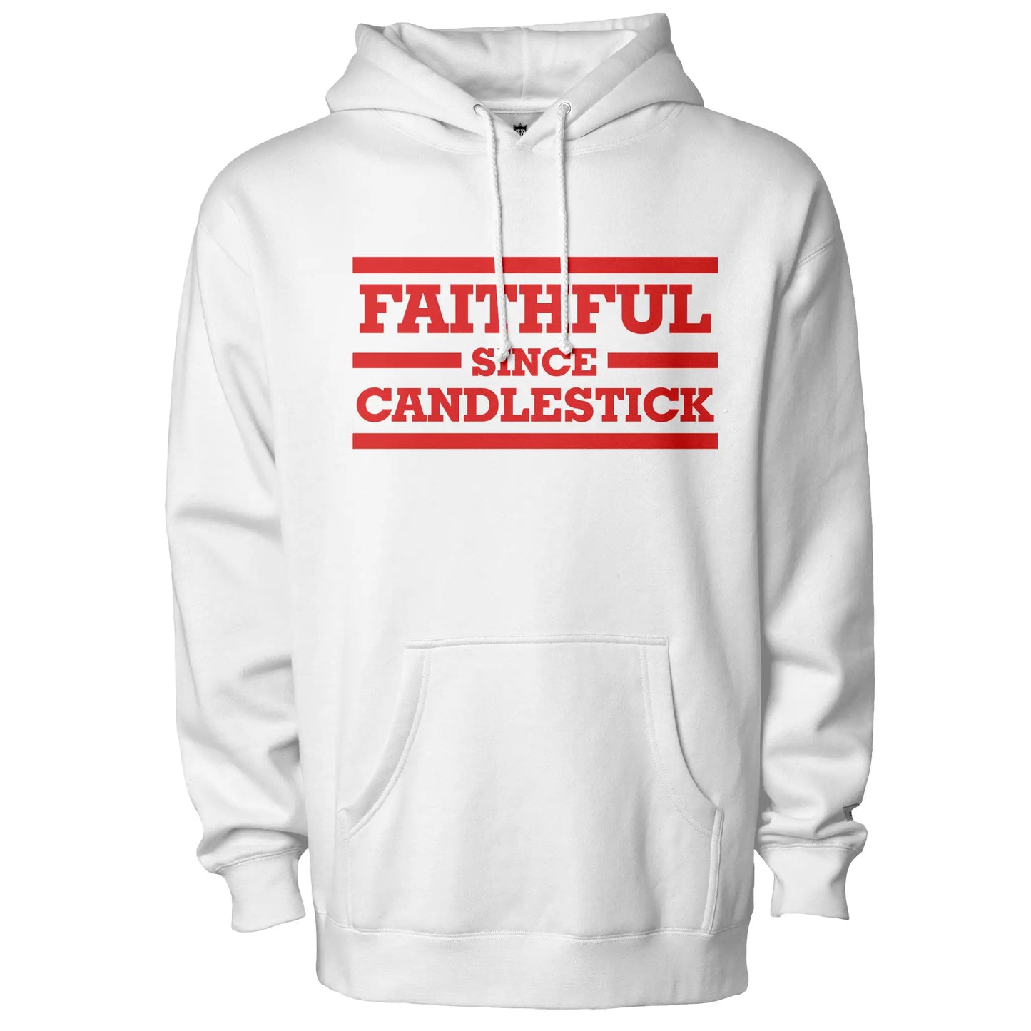 Faithful Since Candlestick Hoodie white with red lettering. Royal Retros