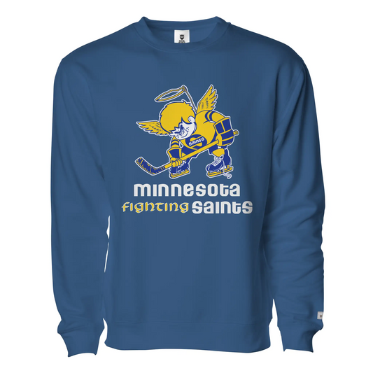 Minnesota Fighting Saints Crewneck Sweatshirt.  Royal Blue. Saint Skater logo front.  Minnesota in white above Fighting in gold next to Saints in white. Royal Retro