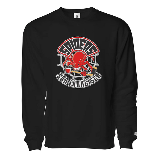 San Francisco Spiders Crewneck Sweatshirt. Black. Logo on chest featuring spiders above, spider with a hockey stick on the center and San Francisco underneath. Royal Retros