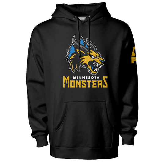 Minnesota Monsters Hoodie. Black. Minnesota Monsters AF1 arena football. Gold, black, and gray monster head over blue pine trees. Minnesota small in white below, Monsters below larger in gold. Royal Retros.