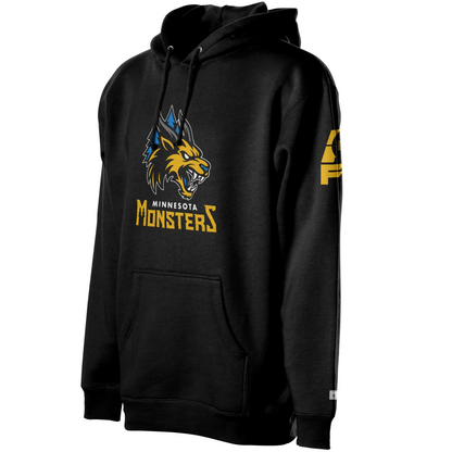 Minnesota Monsters Hoodie. Black. Minnesota Monsters AF1 arena football. Gold, black, and gray monster head over blue pine trees. Minnesota small in white below, Monsters below larger in gold. Royal Retros.