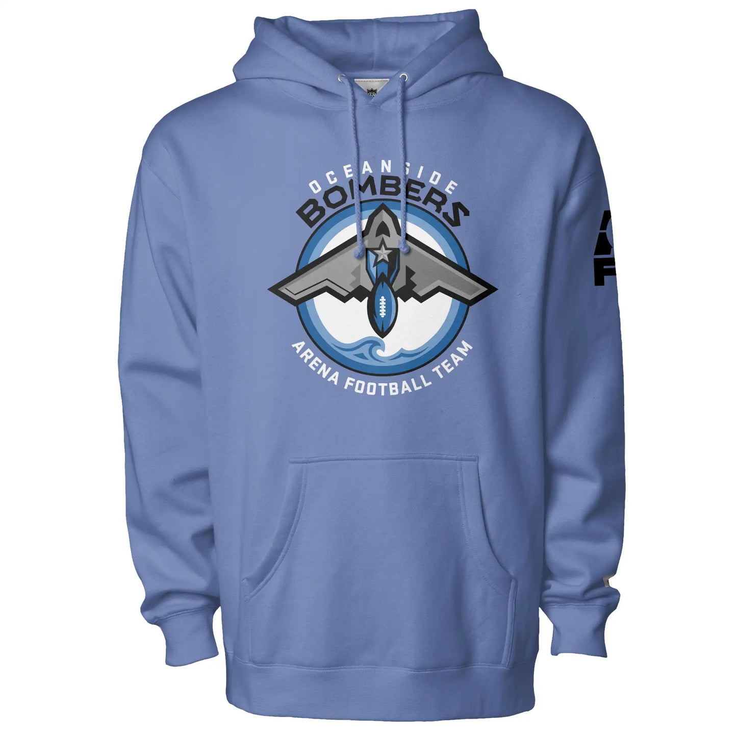 Oceanside Bombers football hoodie. Carolina blue. Oceanside in white arched above Bombers slightly larger in black over a circle outlined in black and two slightly larger rings, blue and light blue inside. White background. B-2 bomber from the top over the circle with wings slightly protruding. A football coming off the tail. An ocean wave appears in the bottom of the circle. Outside the circle arched below is Arena Football team arched up in white. Royal Retros