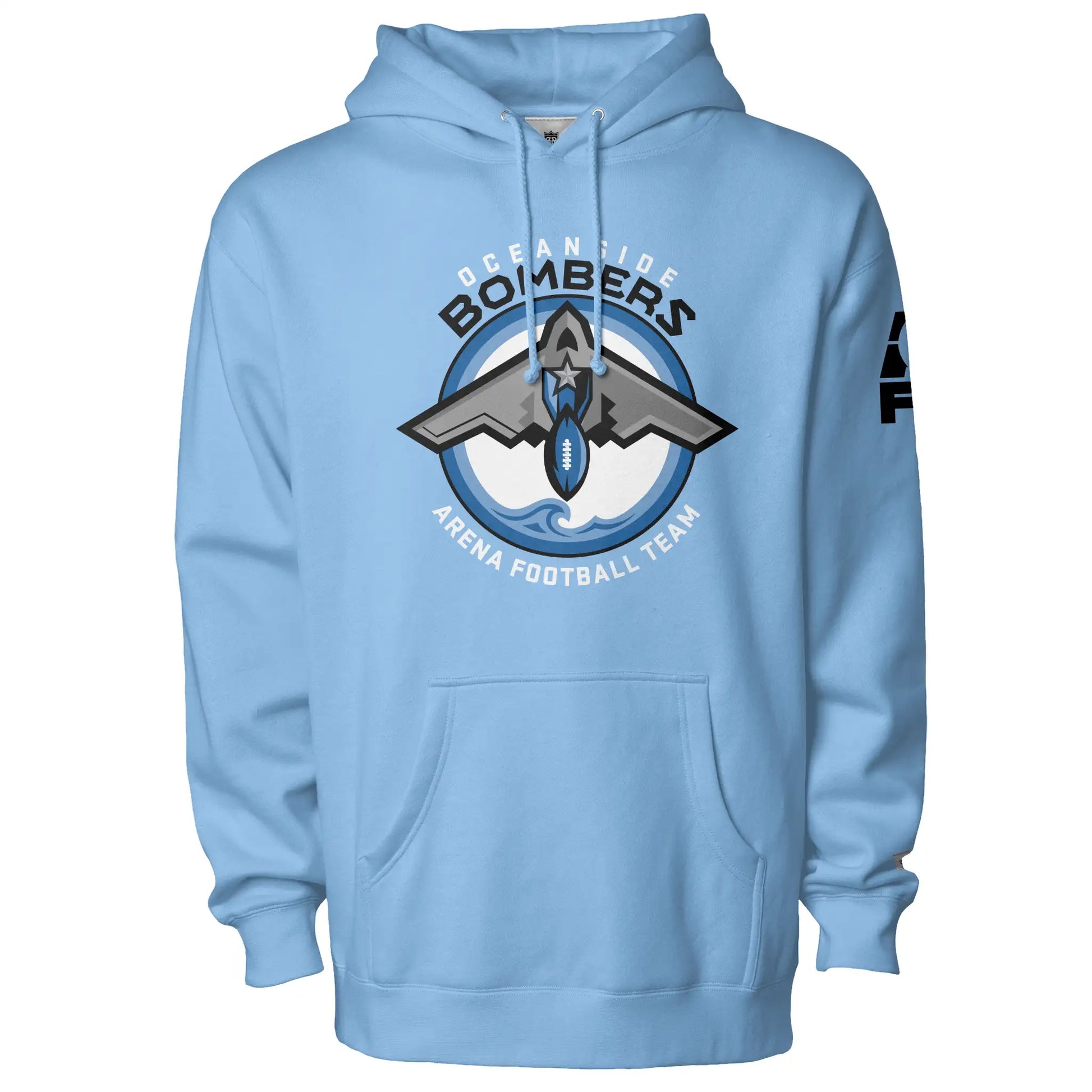 Oceanside Bombers football hoodie. Light blue. Oceanside in white arched above Bombers slightly larger in black over a circle outlined in black and two slightly larger rings, blue and light blue inside. White background. B-2 bomber from the top over the circle with wings slightly protruding. A football coming off the tail. An ocean wave appears in the bottom of the circle. Outside the circle arched below is Arena Football team arched up in white. Royal Retros