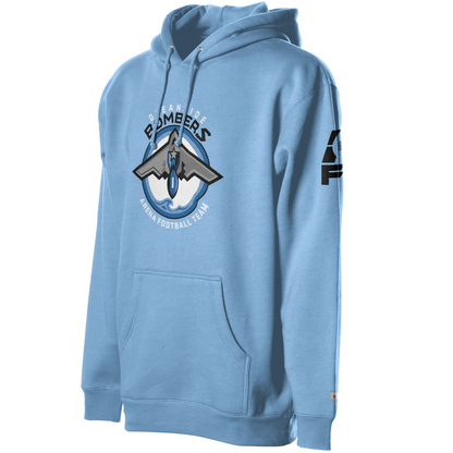 Oceanside Bombers football hoodie. Light blue. Oceanside in white arched above Bombers slightly larger in black over a circle outlined in black and two slightly larger rings, blue and light blue inside. White background. B-2 bomber from the top over the circle with wings slightly protruding. A football coming off the tail. An ocean wave appears in the bottom of the circle. Outside the circle arched below is Arena Football team arched up in white. Royal Retros