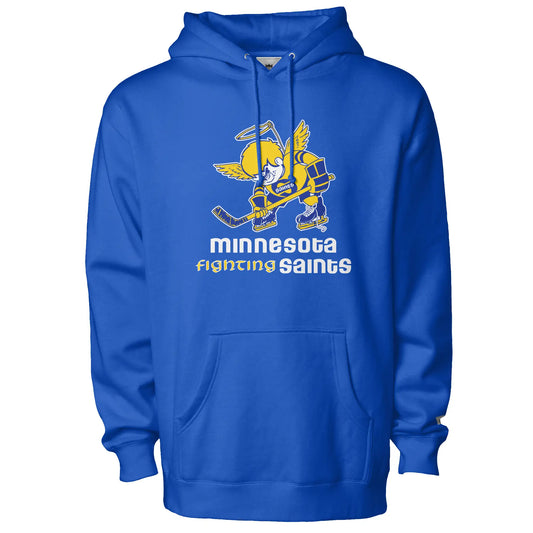 Minnesota Fighting Saints hoodie in royal blue, front view, with a gold winged saint holding a hockey stick above the minnesota fighting saints script in white