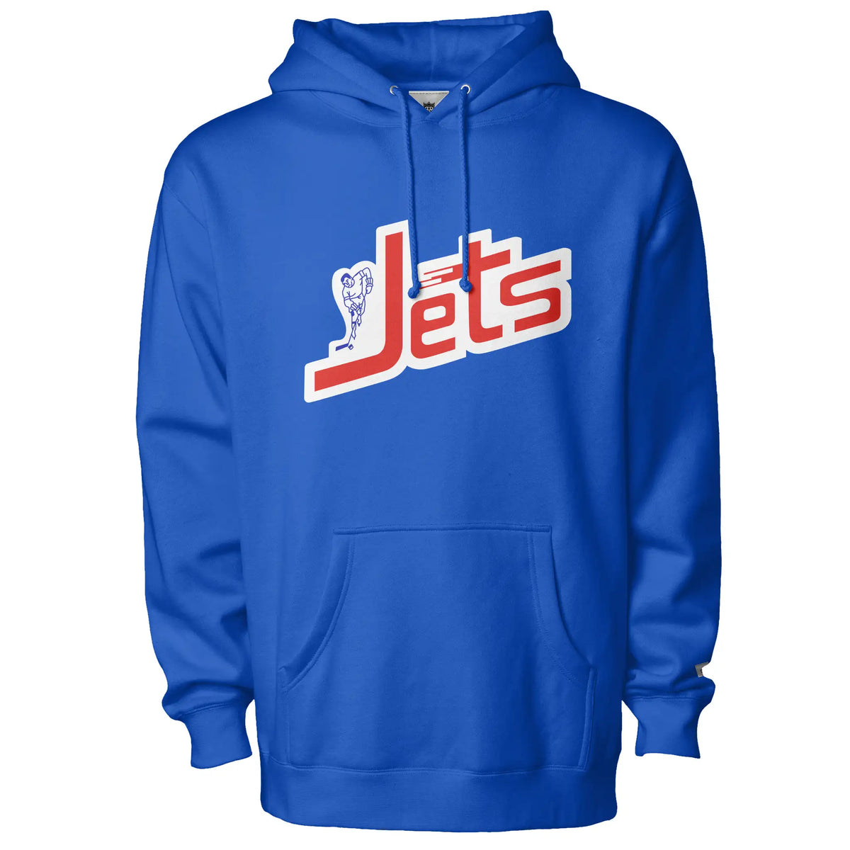 WHA Jets Hoodie in royal blue, front view, red Jets script with white outline and the jet-plane hockey player mark Royal Retros