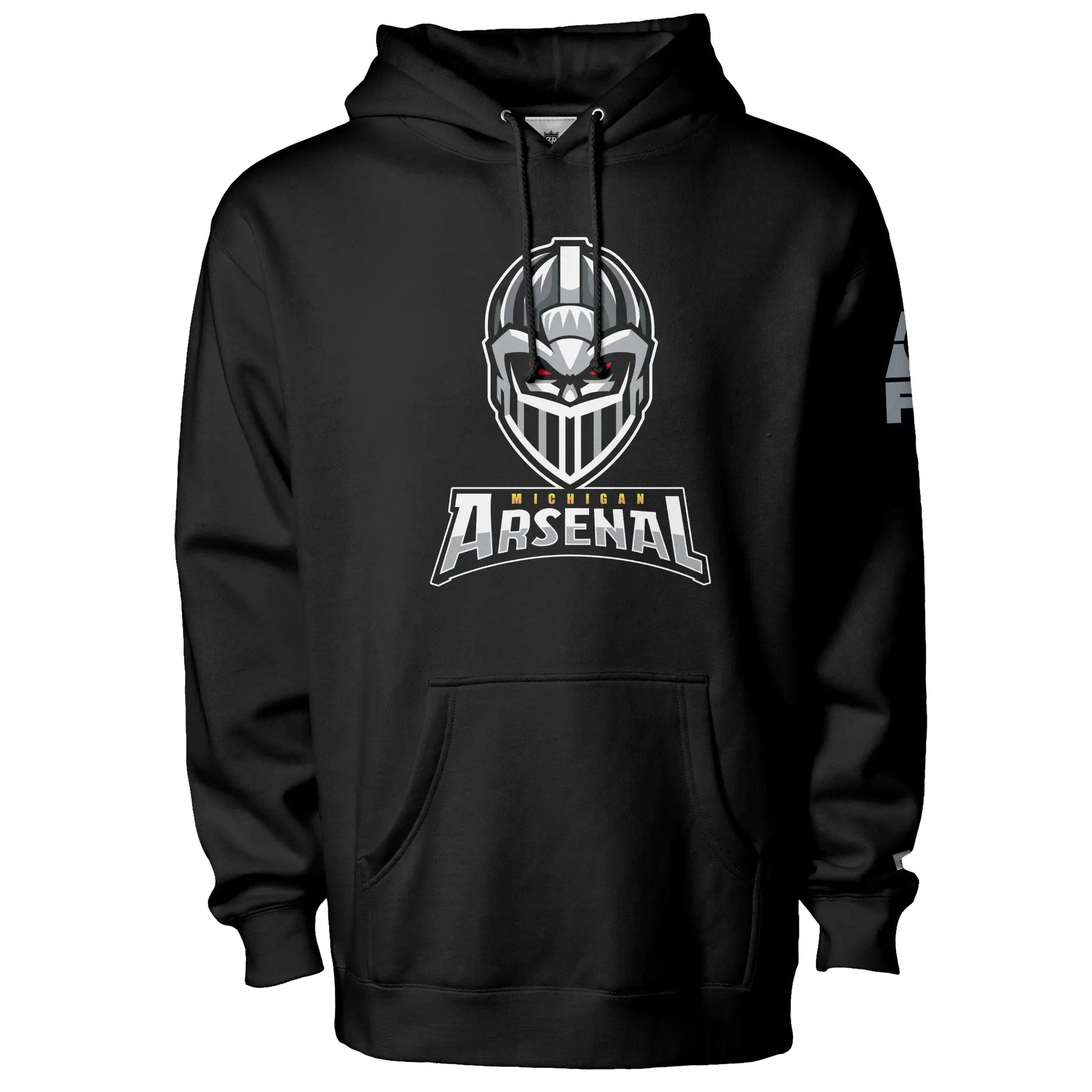 Michigan Arsenal hoodie. Black. Knights helmet facing viewer. Michigan small in yellow above Arsenal in silver below. Royal Retros