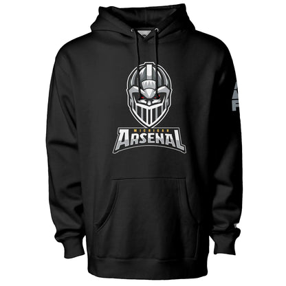 Michigan Arsenal hoodie. Black. Knights helmet facing viewer. Michigan small in yellow above Arsenal in silver below. Royal Retros