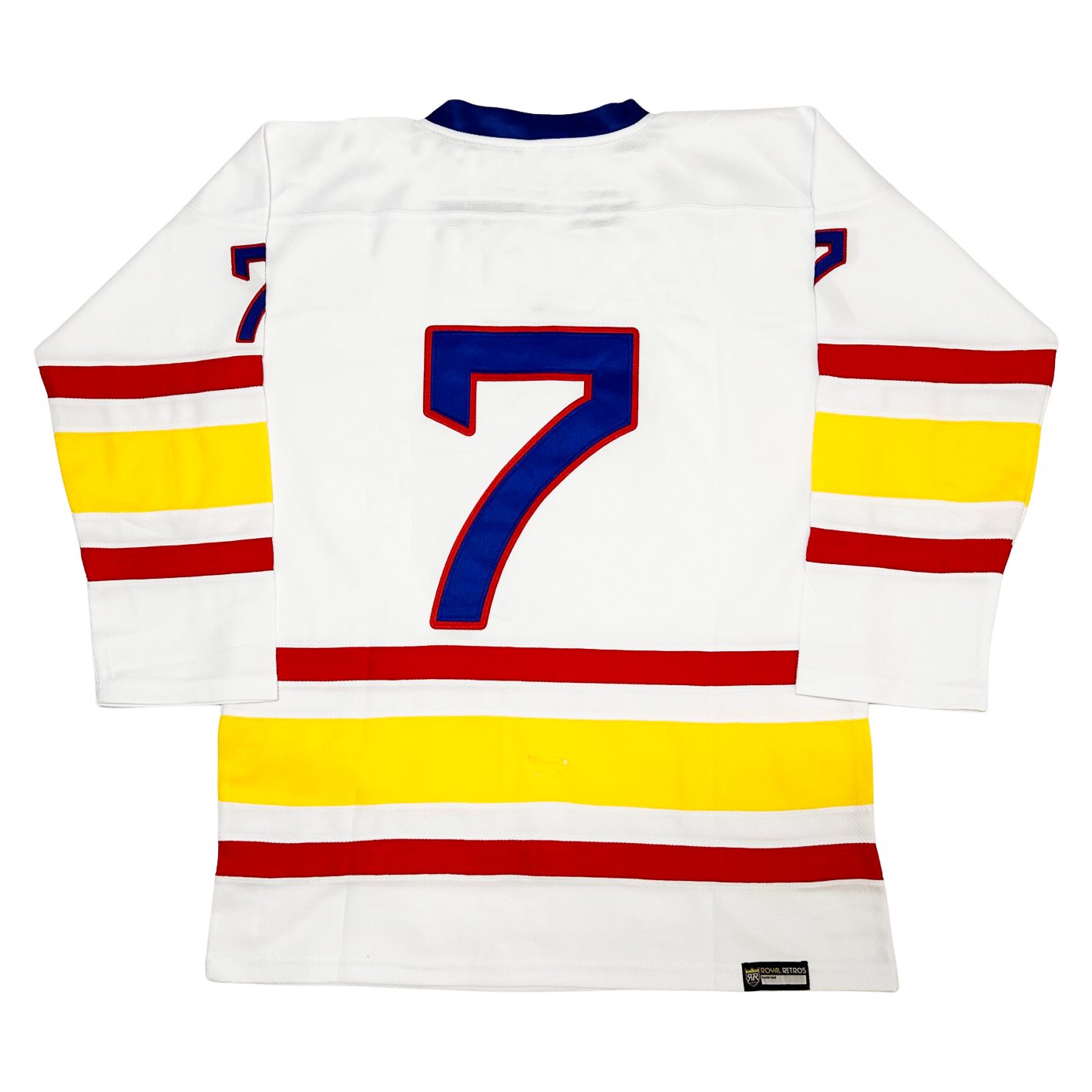 Albuquerque Six-Guns Jersey Hockey front. White. Blue collar. Small red, white, large gold, small white, small red bands mid-sleeve and just above waist.  #7 in blue with red trim, small on shoulders large on back. Royal Retros