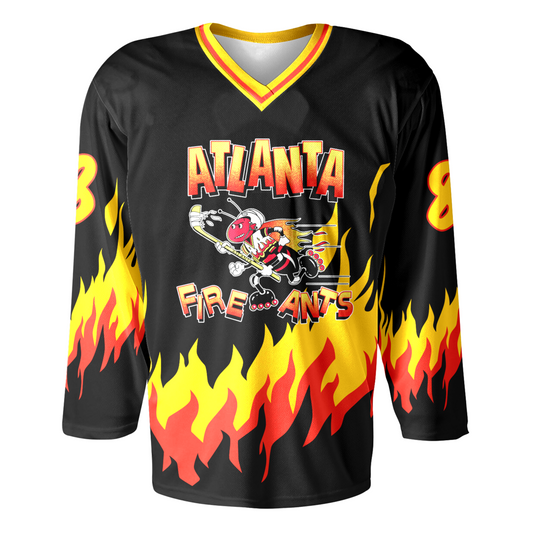 Atlanta Fire Ants RHI Jersey - Jerseys. Black. Gold, red, and gold collar. Flames on lower sleeves and across waist. Logo on chest: Atlanta half gold on top, red below above animated fire ant rollerblading to the left. Fire Ants, half yellow on top, red below under ant. Royal Retros