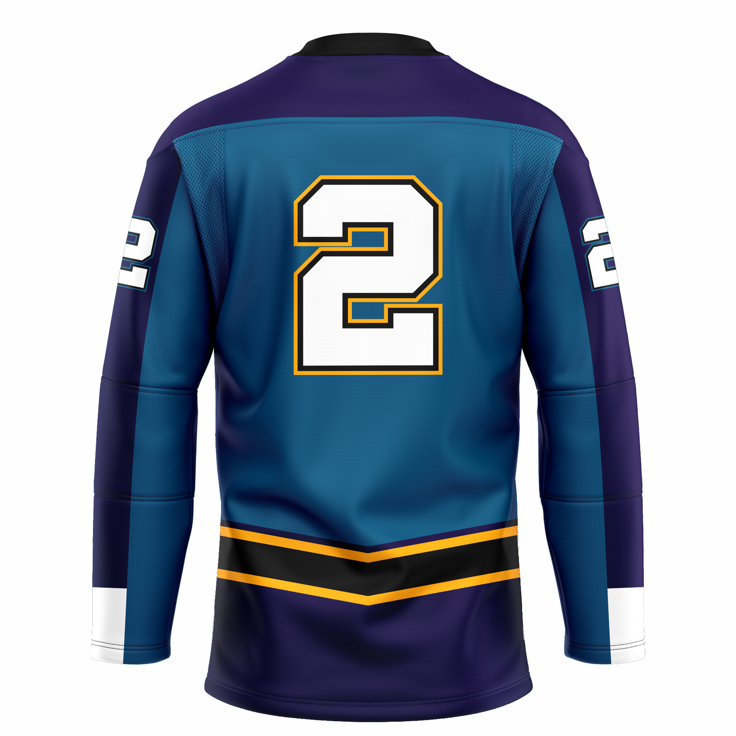 Atlantic Boardwalk Bullies ice hockey jersey. Teal. Purple shoulders. Sleeves are half purple. #2 on back large white with gold and purple trim. Black band with gold trim above west, purple below. Royal Retros
