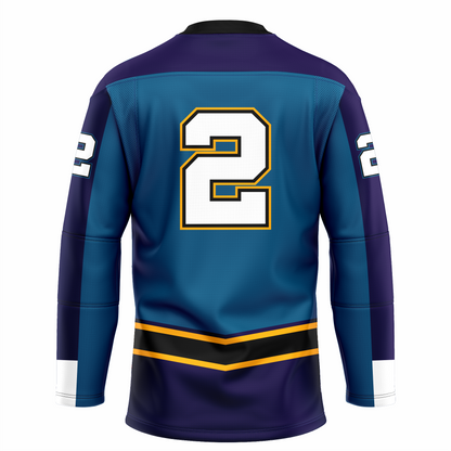 Atlantic Boardwalk Bullies ice hockey jersey. Teal. Purple shoulders. Sleeves are half purple. #2 on back large white with gold and purple trim. Black band with gold trim above west, purple below. Royal Retros