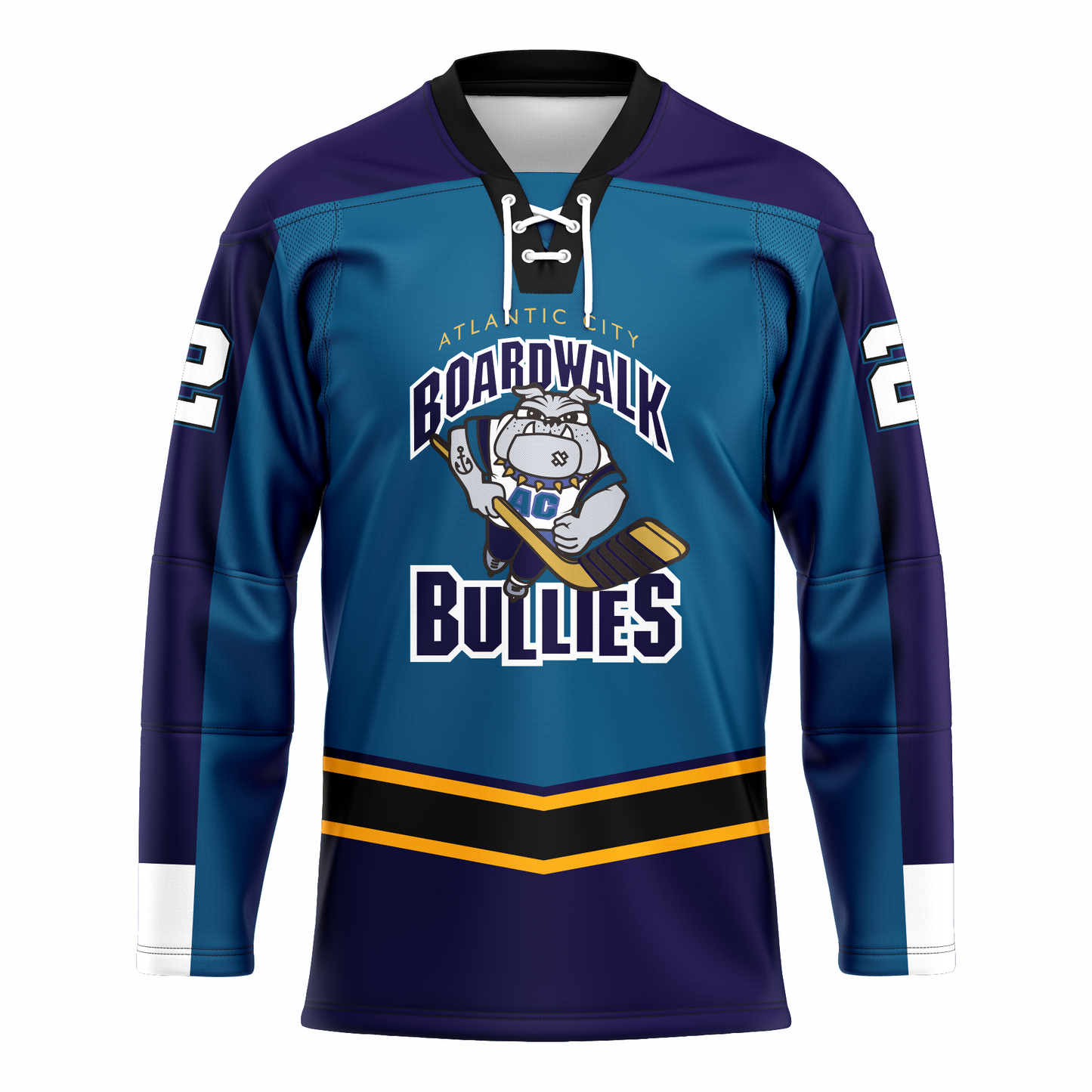 Atlantic Boardwalk Bullies ice hockey jersey. Teal. Purple shoulders. Sleeves are half purple. On chest is Cartoon bulldog skating toward viewer holding hockey stick. Bullies in purple with white and teal trim. Black band with gold trim above west, purple below. Royal Retros