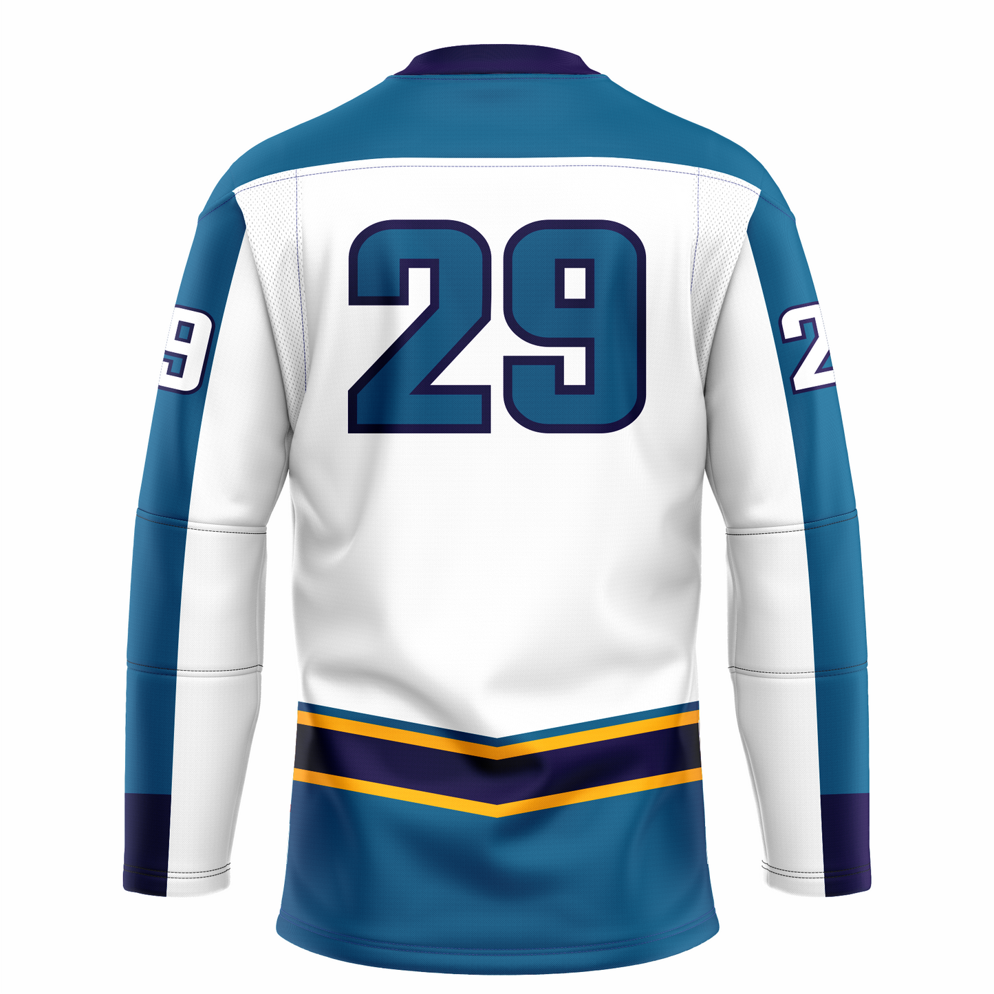 Atlantic Boardwalk Bullies ice hockey jersey. White. Teal shoulders. Sleeves are half teal. #29 large on back teal with black trim. Purple band with gold trim above west, teal below. Royal Retros