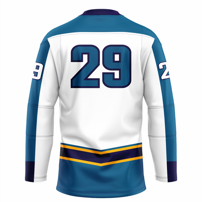 Atlantic Boardwalk Bullies ice hockey jersey. White. Teal shoulders. Sleeves are half teal. #29 large on back teal with black trim. Purple band with gold trim above west, teal below. Royal Retros