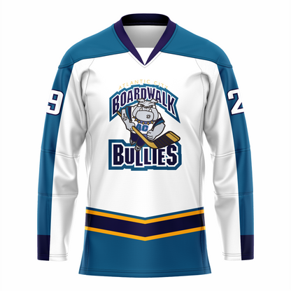 Atlantic Boardwalk Bullies ice hockey jersey. White. Teal shoulders. Sleeves are half teal. On chest is Cartoon bulldog skating toward viewer holding hockey stick. Bullies in purple with white and teal trim. Purple band with gold trim above west, teal below. Royal Retros