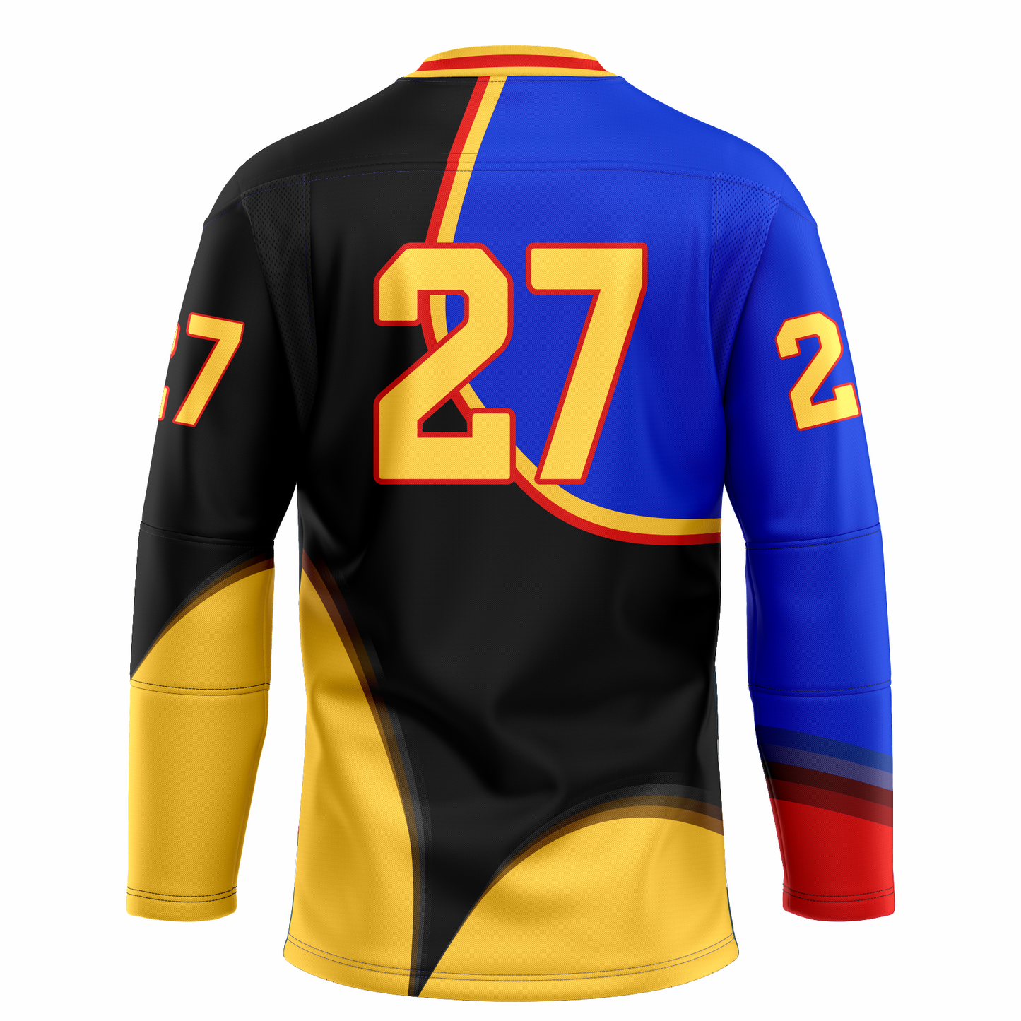 Austin Ice Bats jersey. Black, blue, and gold in seemingly random pattern. #27 large in gold with red trim. Royal Retros