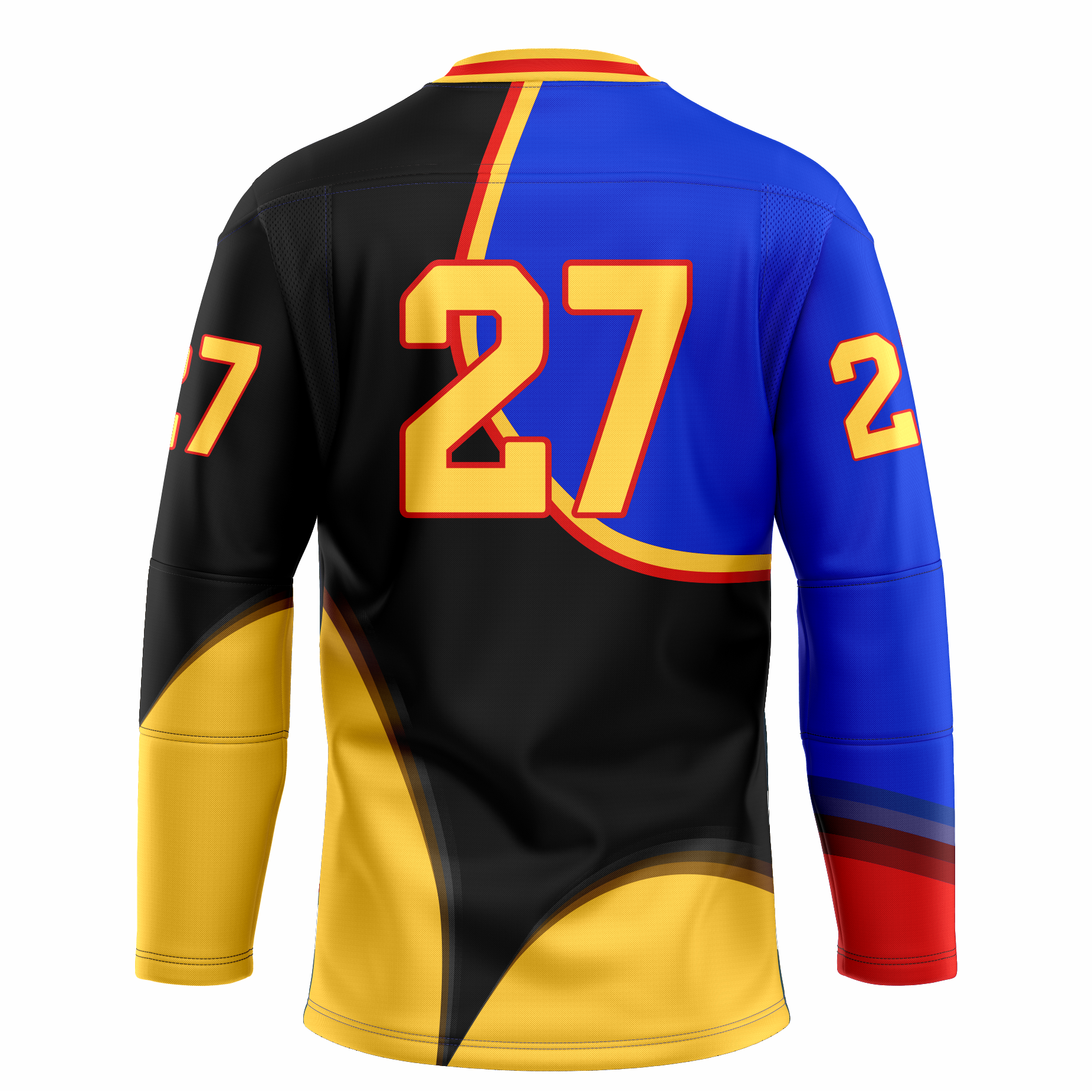 Austin Ice Bats jersey. Black, blue, and gold in seemingly random pattern. #27 large in gold with red trim. Royal Retros