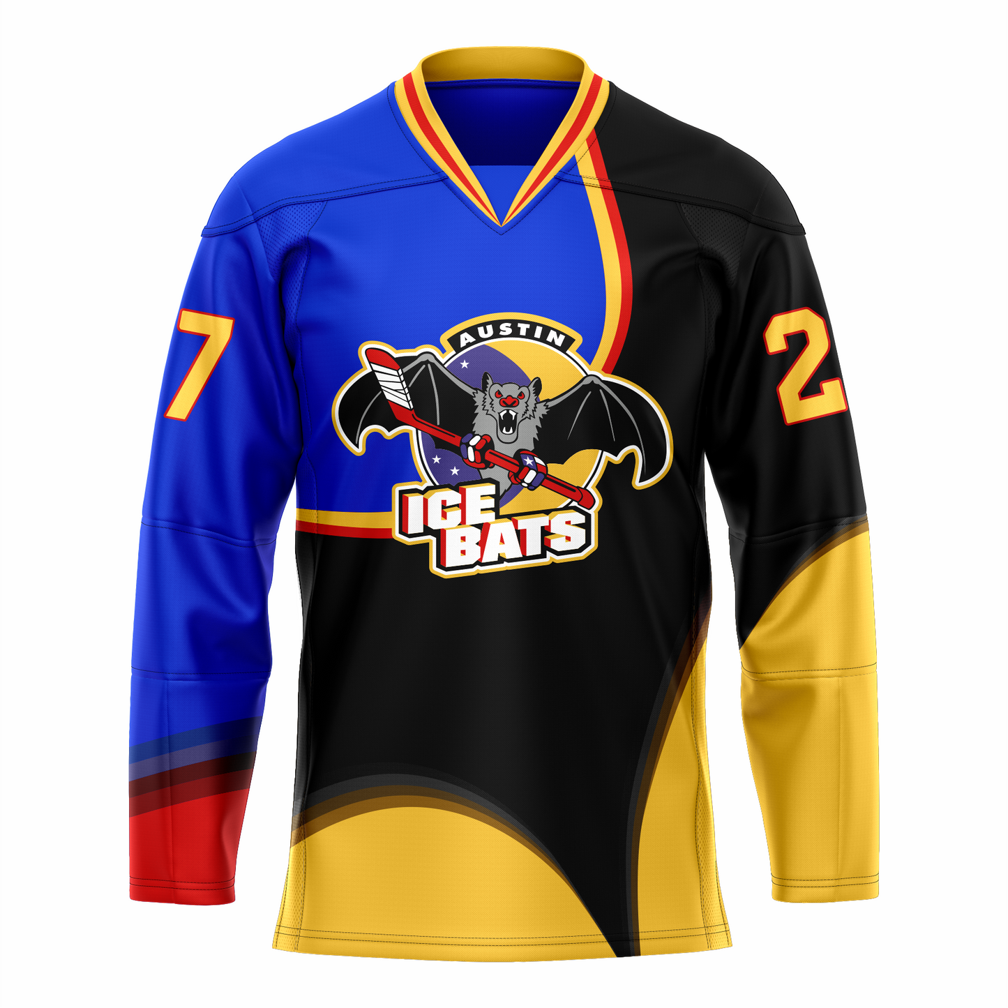 Austin Ice Bats jersey. Blue, black, and gold in seemingly random pattern. AUSTIN small in white above bat holding a red hockey stick above large white ICE BATS with red trim. Royal Retros