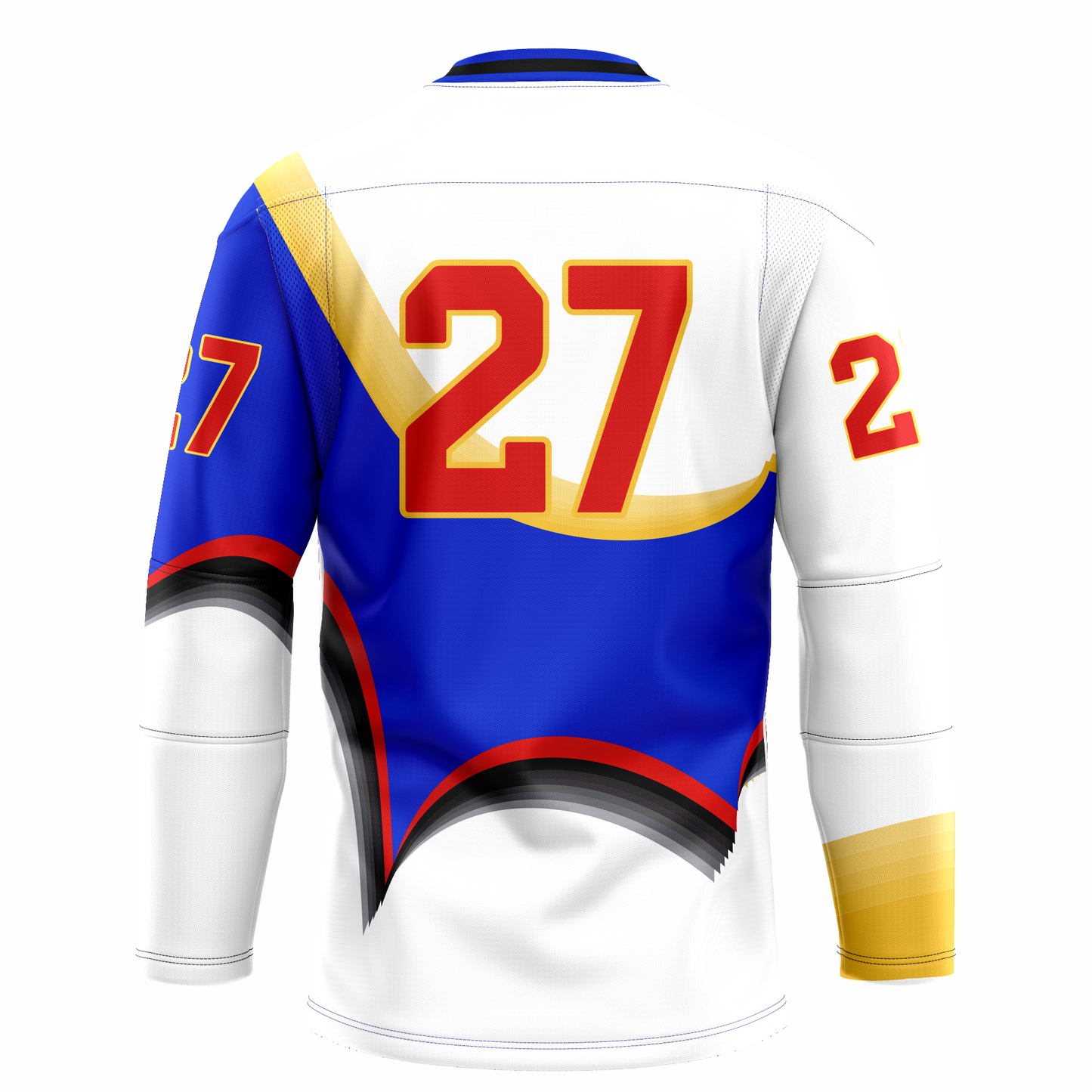 Austin Ice Bats jersey. White, blue, and red in seemingly random pattern. #27 large in red with gold trim. Royal Retros