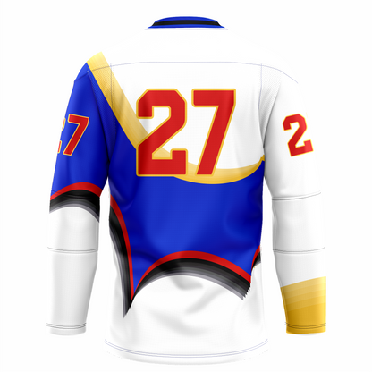 Austin Ice Bats jersey. White, blue, and red in seemingly random pattern. #27 large in red with gold trim. Royal Retros