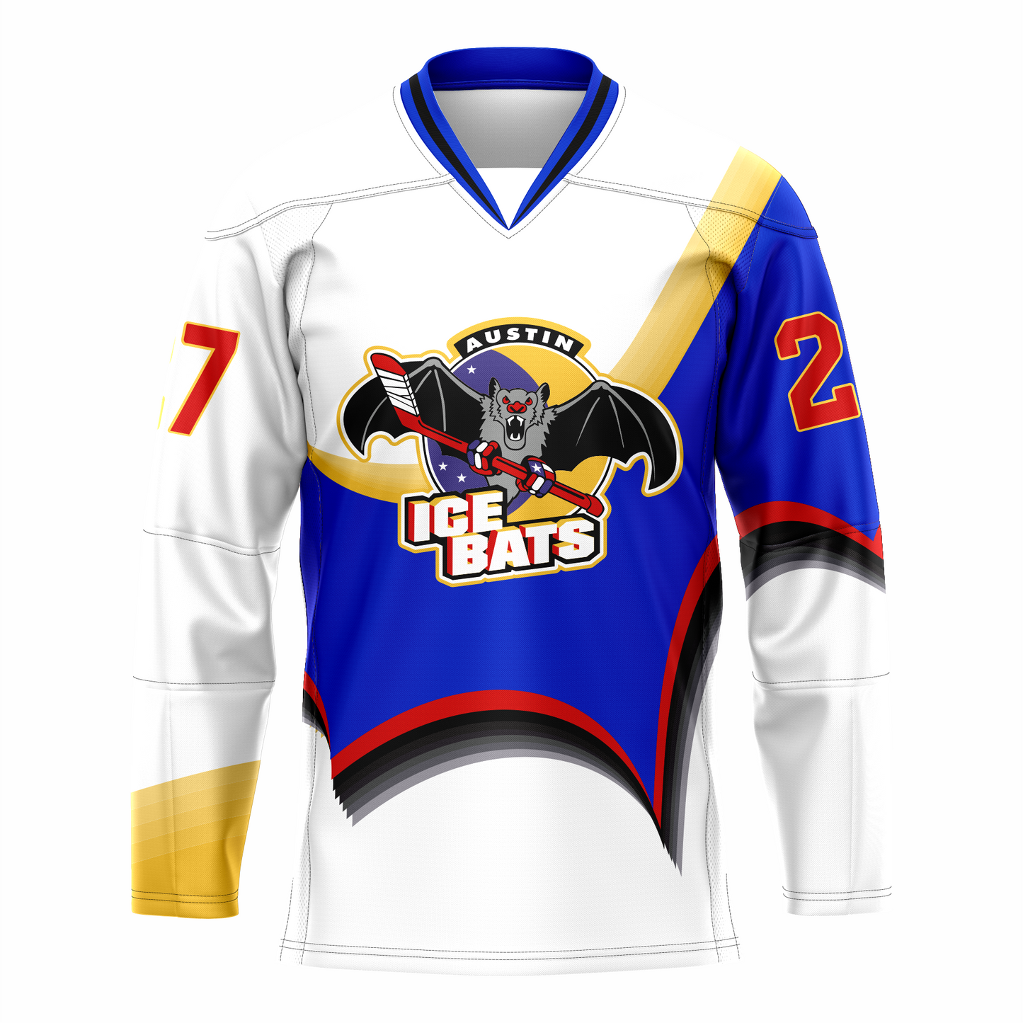 Austin Ice Bats jersey. White, blue, and gold in seemingly random pattern. AUSTIN small in white above bat holding a red hockey stick above large white ICE BATS with red trim. Royal Retros