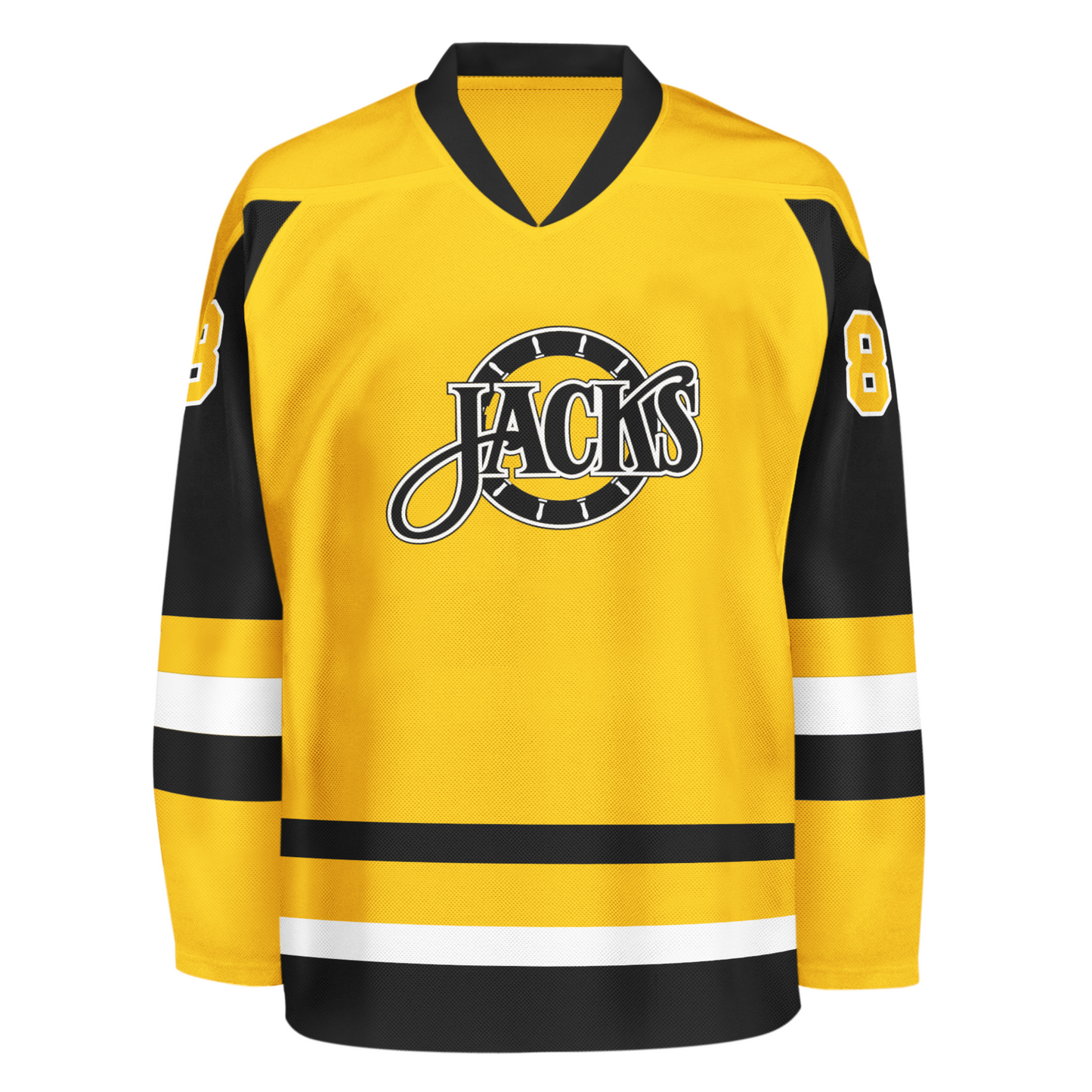 Baltimore Skipjacks jersey. Gold. Black collar. Black upper sleeve, gold lower, with gold, white, white bands mid-sleeve and around waist. Baltimore n white arched above stylized Jacks logo. Jacks in black with gold trim over yellow ship's wheel. #8 in gold white trim on shoulders. Royal Retros.