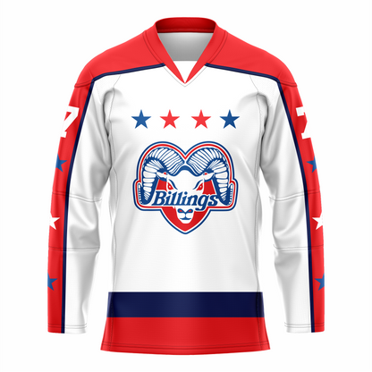 Billings Bighorn ice hockey jersey. White. Red shoulders and collar. Sleeves are half white half red. Alternating blue and white stars on red part. Blue, red, red, blue stars across top of chest. White ram with blew trim facing viewer. Billings over snout. Blue band at waist, red band below that. Royal Retros