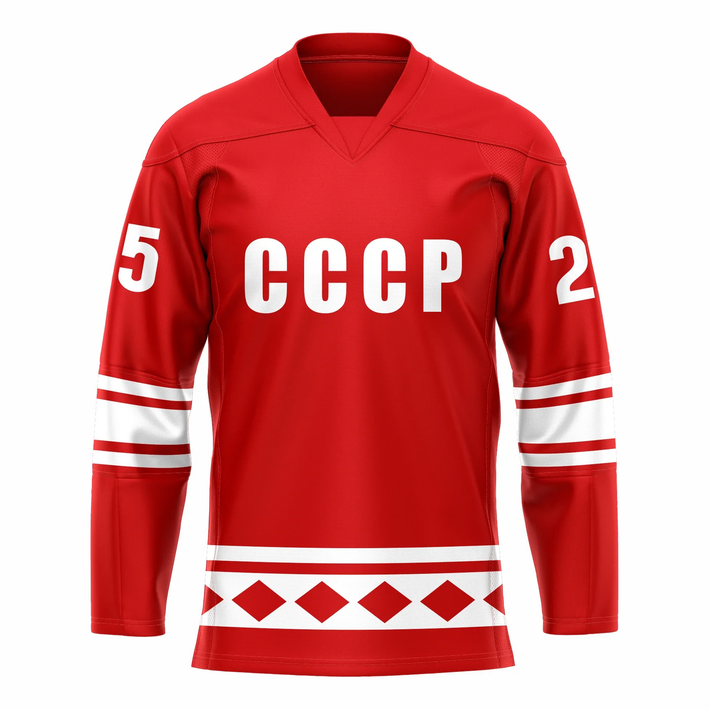 CCCP Soviet Hockey Jersey. Red. Thin white, thin red, thick white, thin red, thin white bands t mid-sleeve. White band, red band, thick white band with red diamonds above waist. CCCP in white across chest. Royal Retros