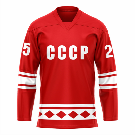 CCCP Soviet Hockey Jersey. Red. Thin white, thin red, thick white, thin red, thin white bands t mid-sleeve. White band, red band, thick white band with red diamonds above waist. CCCP in white across chest. Royal Retros