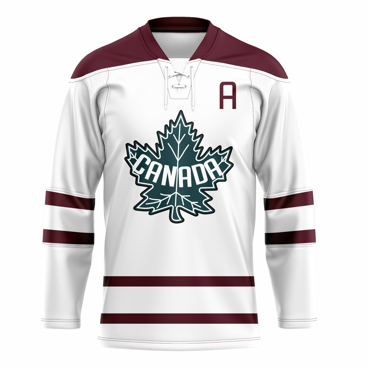 Winnipeg Maroons Canada Team hockey jersey. White. Maroon collar. Maroon bands around middle of sleeves and above waist. Large blue and white maple leaf on chest, with Canada in white arched up inside. Co-Captain A in maroon on left chest. Royal Retros
