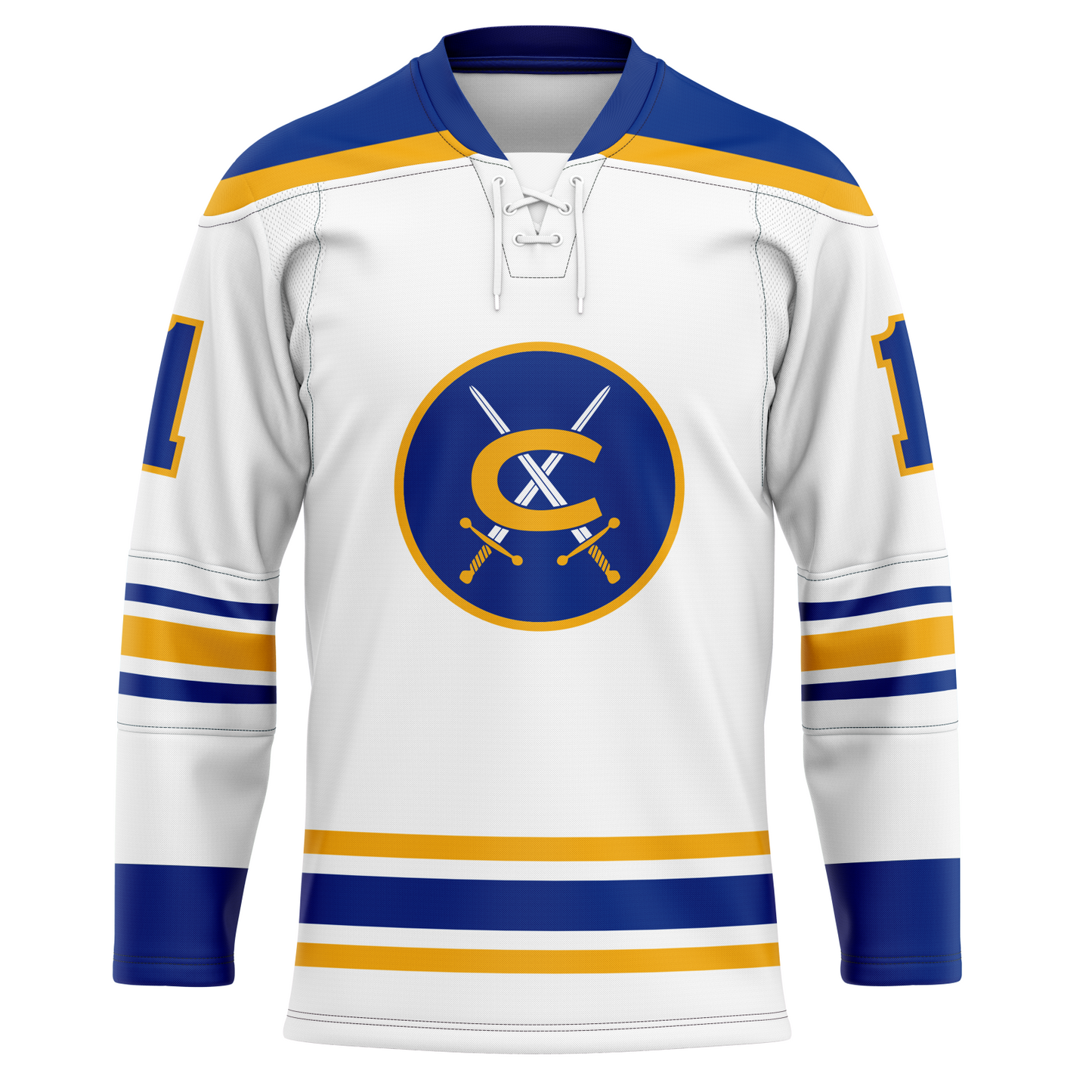 Cincinnati Swords hockey jersey. White. Gold collar, Thin blue, thin white, thick gold, thin white, thin blue bands two-thirds of the way down sleeves and above waist. Numbers in blue with gold trim on shoulders. Logo in center is a gold circle with blue background with two crossed swords with gold handles and a gold C over top. Royal Retros