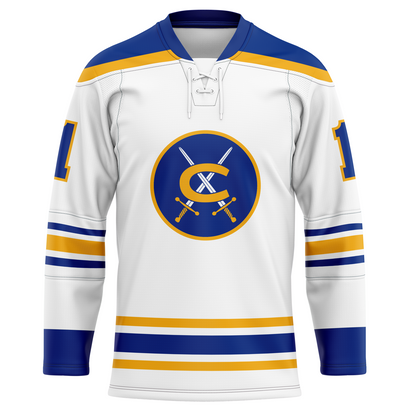 Cincinnati Swords hockey jersey. White. Gold collar, Thin blue, thin white, thick gold, thin white, thin blue bands two-thirds of the way down sleeves and above waist. Numbers in blue with gold trim on shoulders. Logo in center is a gold circle with blue background with two crossed swords with gold handles and a gold C over top. Royal Retros