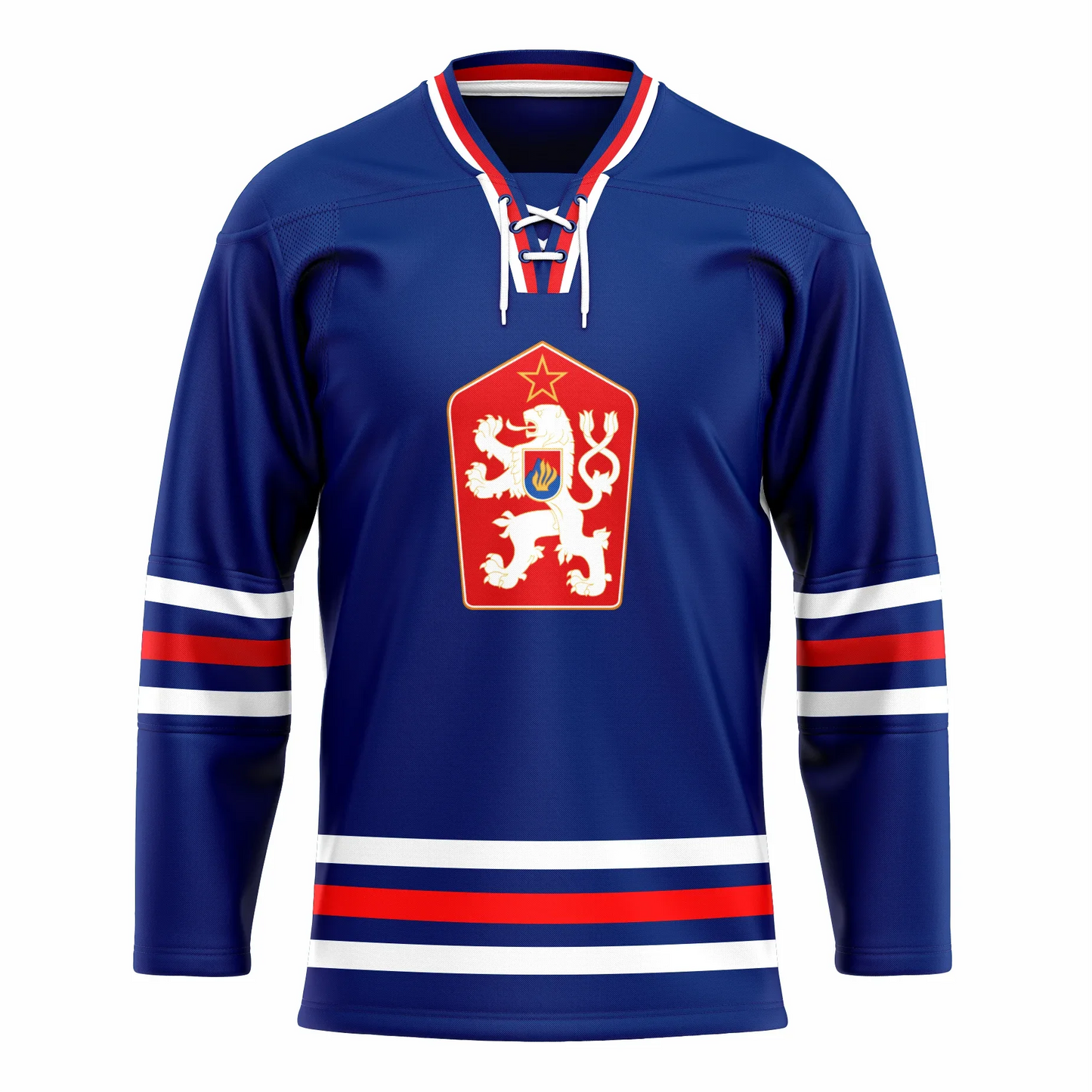 Czechoslovakia Hockey Jersey blue. Blue, red, and white collar. White, blue, red, blue, white stripes at mid-sleeve and above waist. Red shield on chest with stylized white lion facing left and gold outline star above its head. Royal Retros