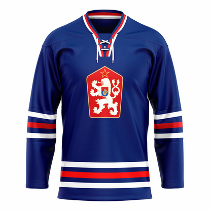 Czechoslovakia Hockey Jersey blue. Blue, red, and white collar. White, blue, red, blue, white stripes at mid-sleeve and above waist. Red shield on chest with stylized white lion facing left and gold outline star above its head. Royal Retros