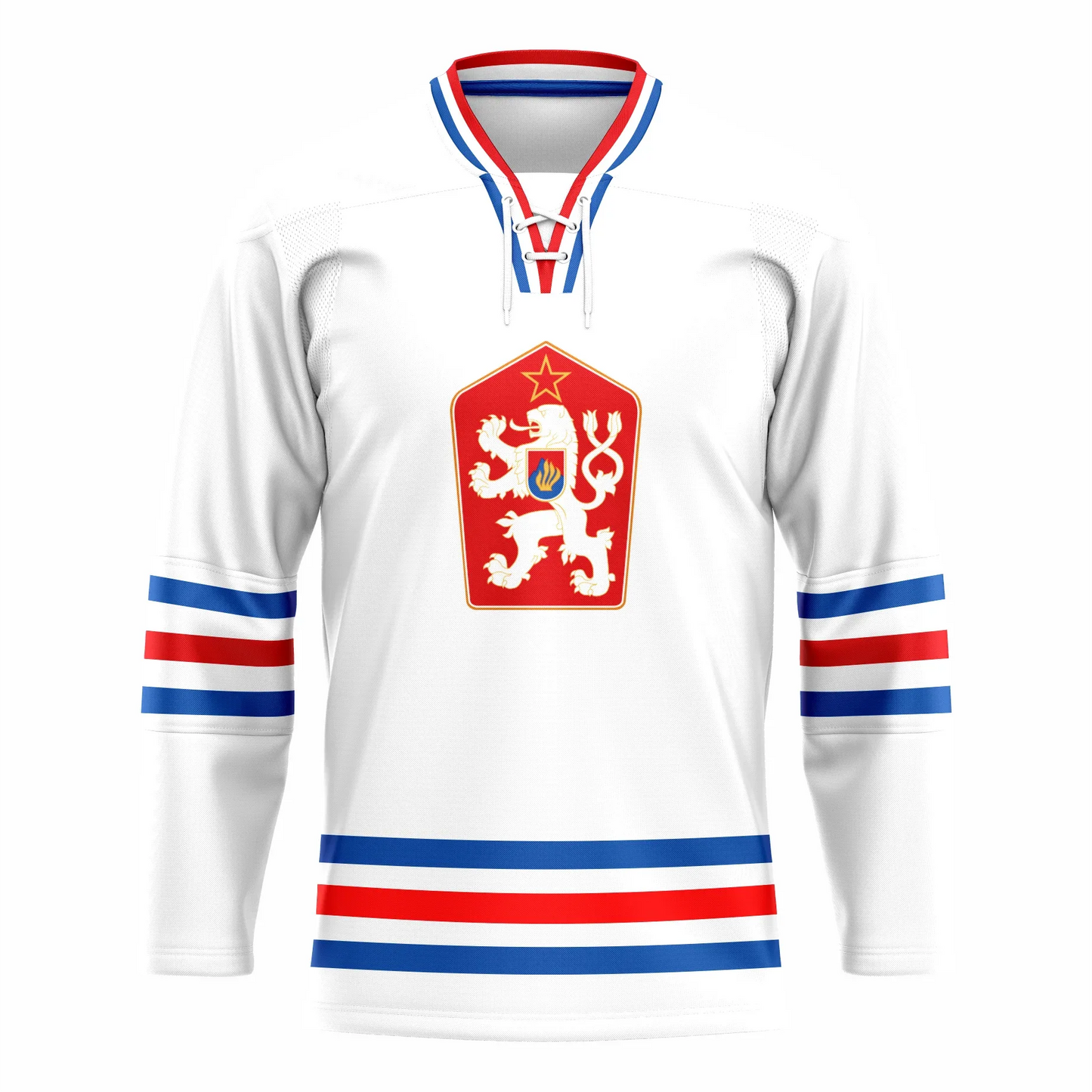 Czechoslovakia Hockey Jersey white. Blue, red, and white collar. White, blue, red, blue, white stripes at mid-sleeve and above waist. Red shield on chest with stylized white lion facing left and gold outline star above its head. Royal Retros