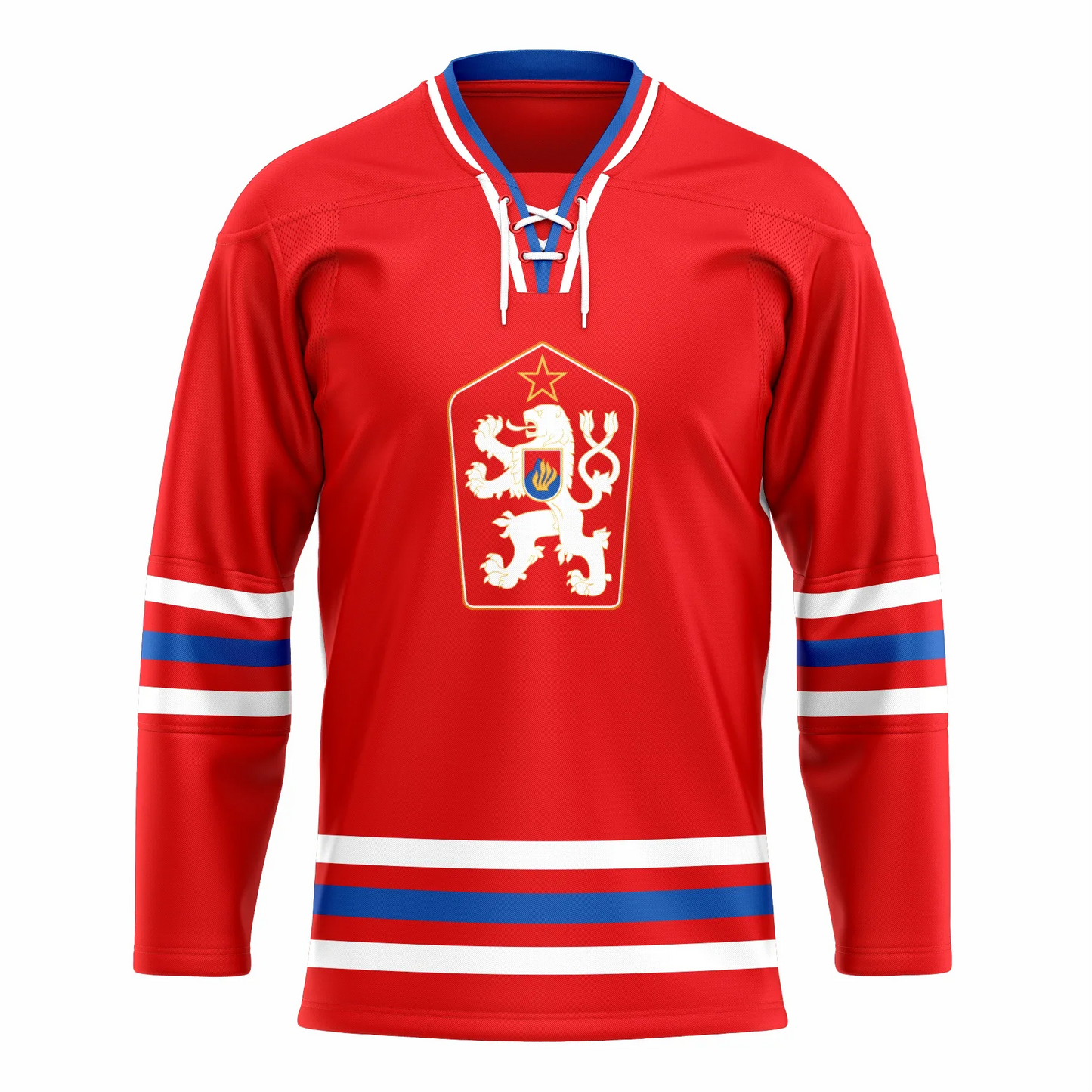 Czechoslovakia Hockey Jersey red. Blue, red, and white collar. White, blue, red, blue, white stripes at mid-sleeve and above waist. Red shield on chest with stylized white lion facing left and gold outline star above its head. Royal Retros