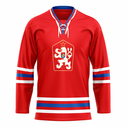 Czechoslovakia Hockey Jersey red. Blue, red, and white collar. White, blue, red, blue, white stripes at mid-sleeve and above waist. Red shield on chest with stylized white lion facing left and gold outline star above its head. Royal Retros