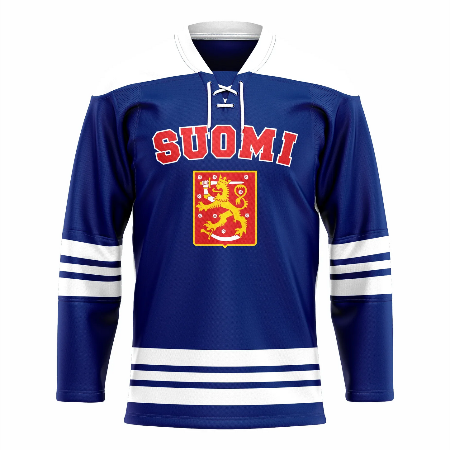 Finland Hockey Jersey. Blue. White shoulders. White, blue, white, blue, white bands mid-sleeve and around waist. SUOMI large in red with blue trim across upper chest. Square red shield below with stylized gold lion holding a white sword above its head. White stars scattered in shield. Royal Retros