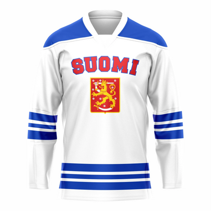 Finland Hockey Jersey. White. Blue shoulders with white collar. Blue, white, blue, white, blue bands mid-sleeve and around waist. SUOMI large in red with blue trim across upper chest. Square red shield below with stylized gold lion holding a white sword above its head. White stars scattered in shield. Royal Retros