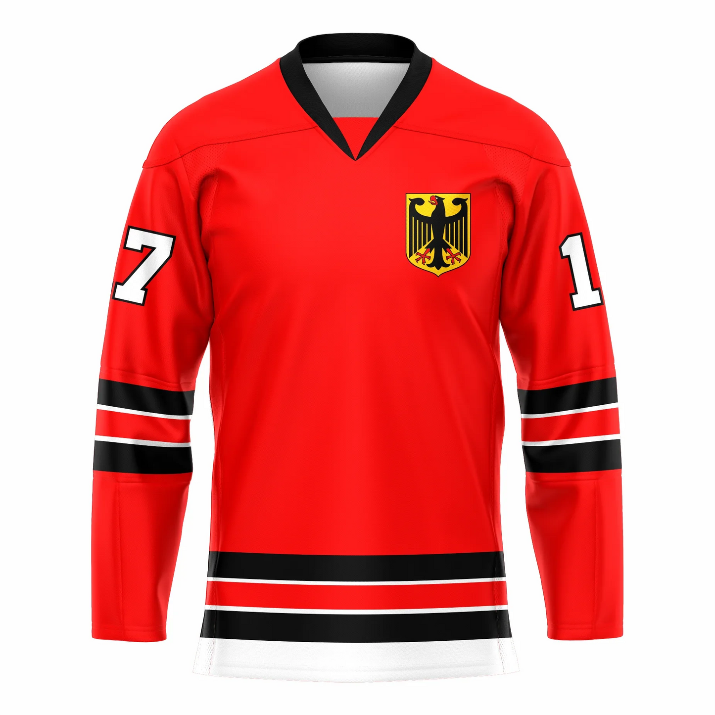 Germany Hockey Jersey. Red with black collar. Black band, red band, black band, with gold in between, mid-sleeve and around west. Gold shield with stylized black eagle upper left chest. Royal Retros
