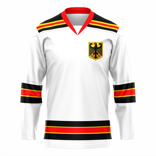 Germany Hockey Jersey. White Red collar. Black, gold, red, gold, black shoulders. Black band, red band, black band, with gold in between, mid-sleeve and around west. Gold shield with stylized black eagle upper left chest. Royal Retros