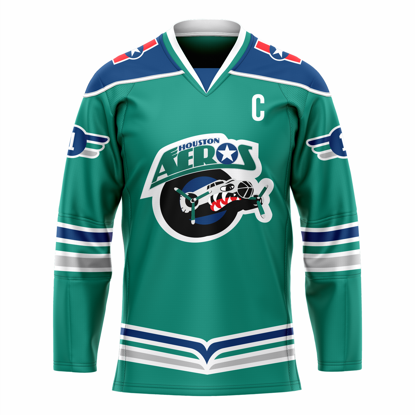 Houston Aeros IHL jersey. Green. Black green and silver bands halfway down sleeves and at waist. Green shoulders. Logo on chest is Houston in green small over AEROS large, above black circle with fuselage of bomber with propellers emerging. Fuselage has eye and teeth baring. Royal Retros