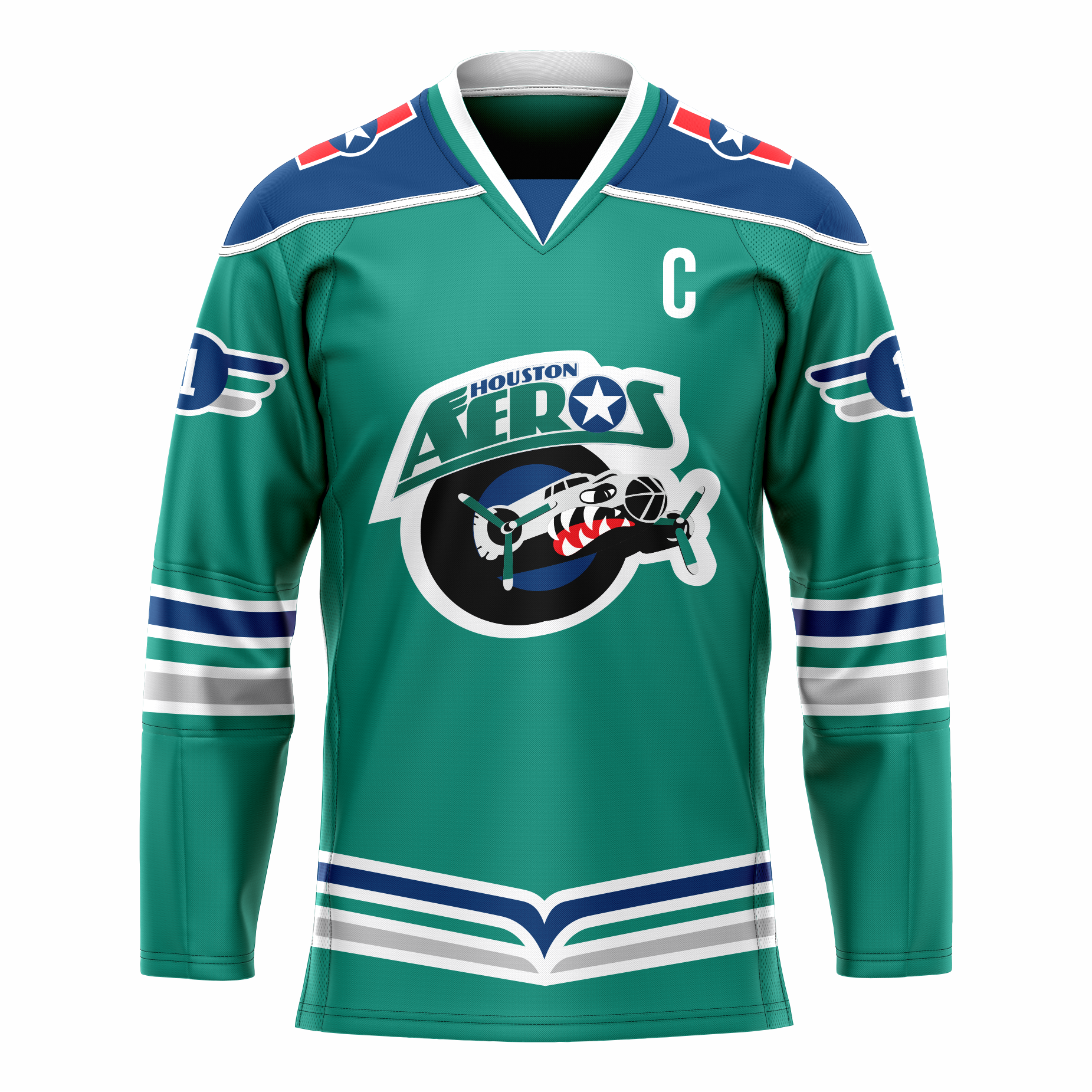 Houston Aeros IHL jersey. Green. Black green and silver bands halfway down sleeves and at waist. Green shoulders. Logo on chest is Houston in green small over AEROS large, above black circle with fuselage of bomber with propellers emerging. Fuselage has eye and teeth baring. Royal Retros