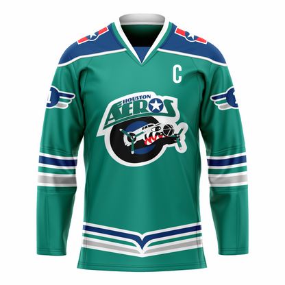 Houston Aeros IHL jersey. Green. Black green and silver bands halfway down sleeves and at waist. Green shoulders. Logo on chest is Houston in green small over AEROS large, above black circle with fuselage of bomber with propellers emerging. Fuselage has eye and teeth baring. Royal Retros