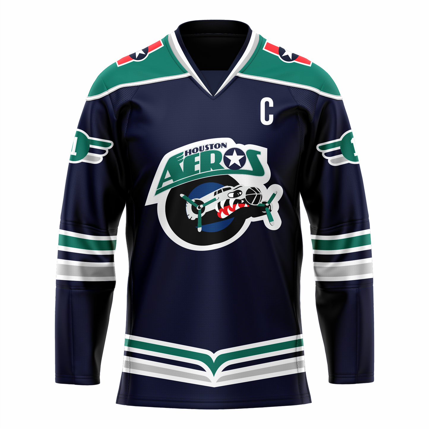 Houston Aeros IHL jersey. Blue. Black green and silver bands halfway down sleeves and at waist. Green shoulders with white trim. Logo on chest is Houston in green small over AEROS large, above black circle with fuselage of bomber with propellers emerging. Fuselage has eye and teeth baring. Royal Retros