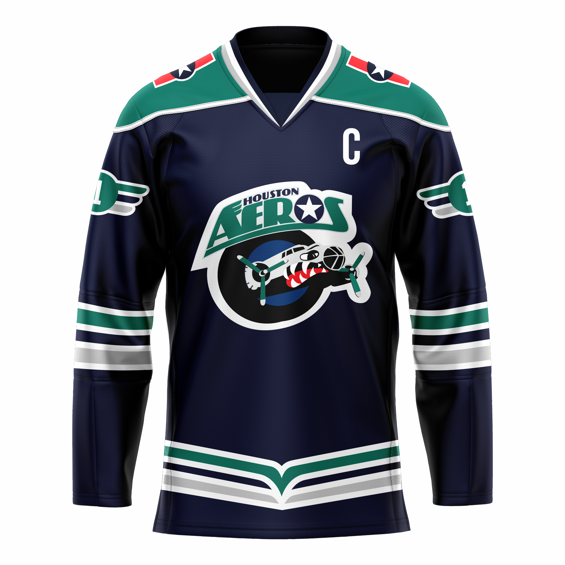Houston Aeros IHL jersey. Blue. Black green and silver bands halfway down sleeves and at waist. Green shoulders with white trim. Logo on chest is Houston in green small over AEROS large, above black circle with fuselage of bomber with propellers emerging. Fuselage has eye and teeth baring. Royal Retros