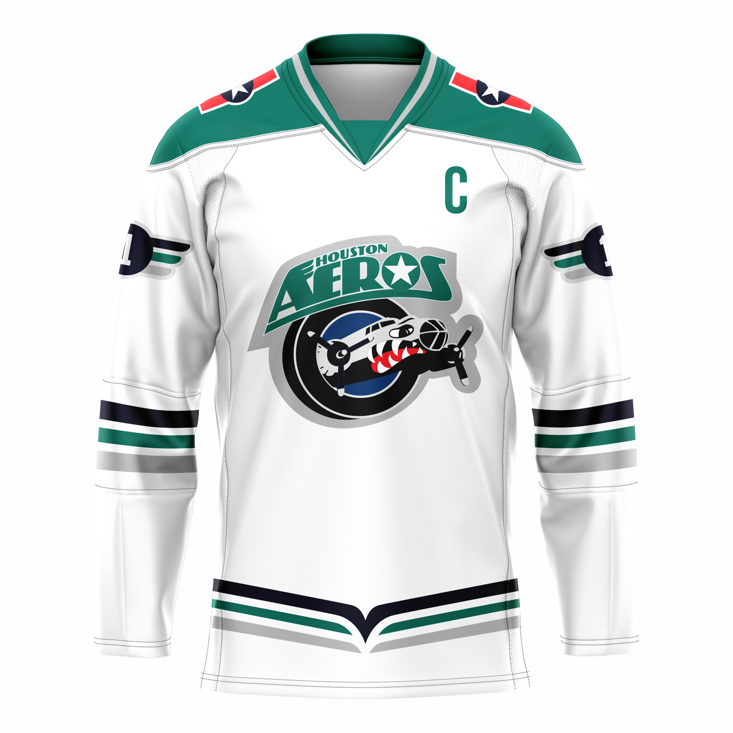 Houston Aeros IHL jersey. White. Black green and silver bands halfway down sleeves and at waist. Green shoulders. Logo on chest is Houston in green small over AEROS large, above black circle with fuselage of bomber with propellers emerging. Fuselage has eye and teeth baring. Royal Retros